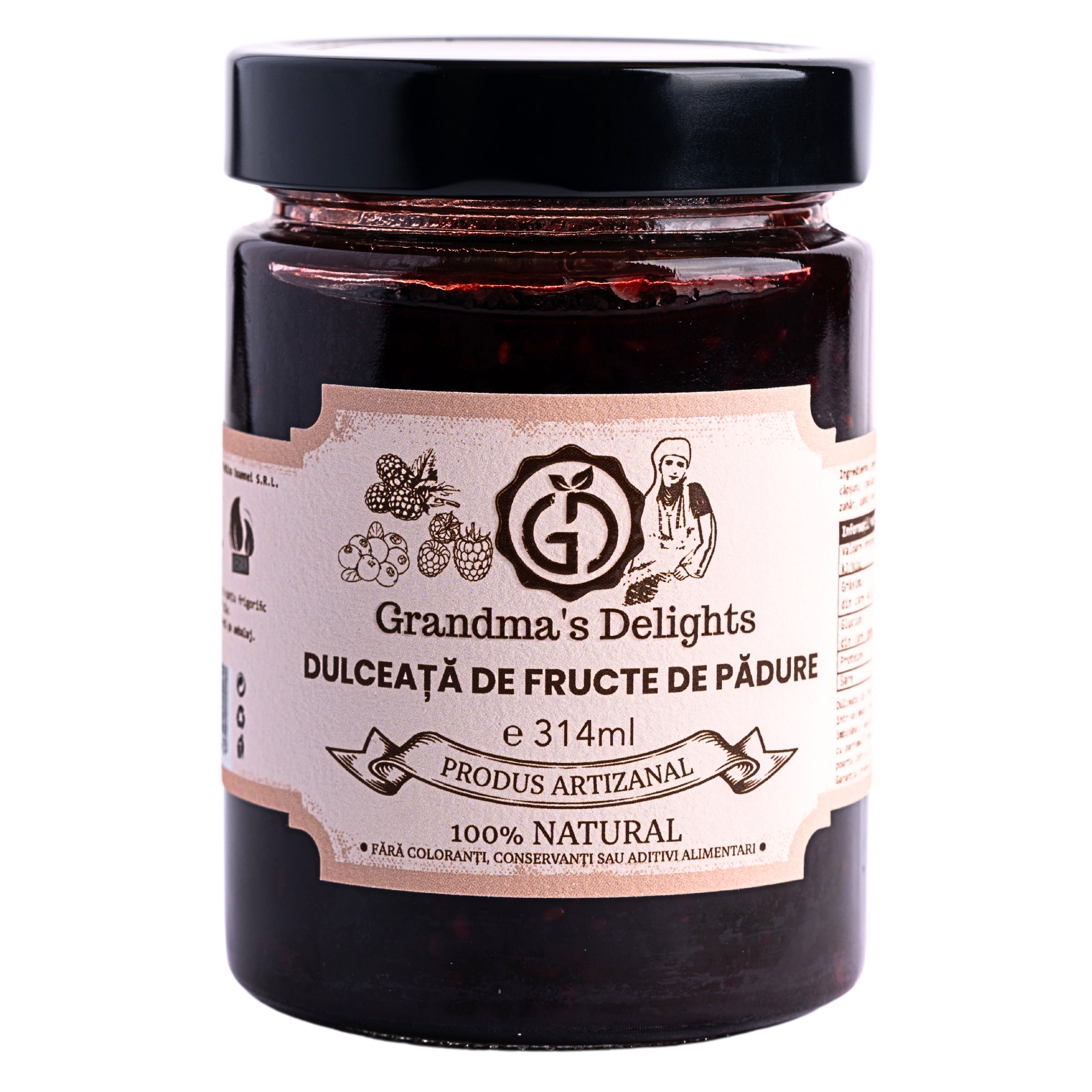 Dulceață din Fructe de Pădure Grandma's Delights, 100% Naturală, Fără Conservanți, Gust Autentic din Afine, Zmeură, Mure și Coacăze 314ml